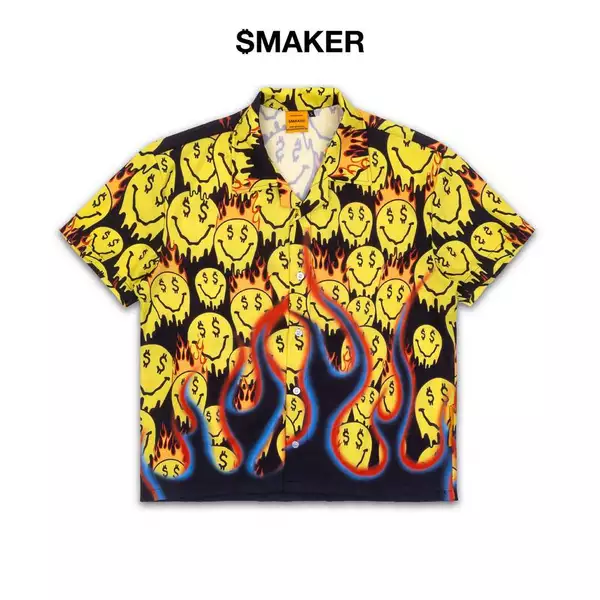 [SMAKER] Áo sơ mi đen vàng hoạ tiết mặt cười vải lụa - SMILEY BOXY SHIRT