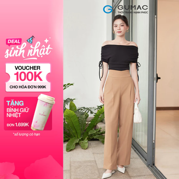 Quần tây nữ GUMAC ống rộng lưng kiểu đắp chéo xếp ly 1 bên cotton silk dày dặn  QE10089