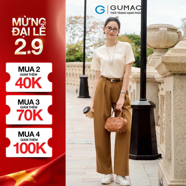 Quần Tây Nữ GUMAC Chiết Ly Ống Rộng Bản Lưng Phối Đỉa To Cách Điệu QF07026