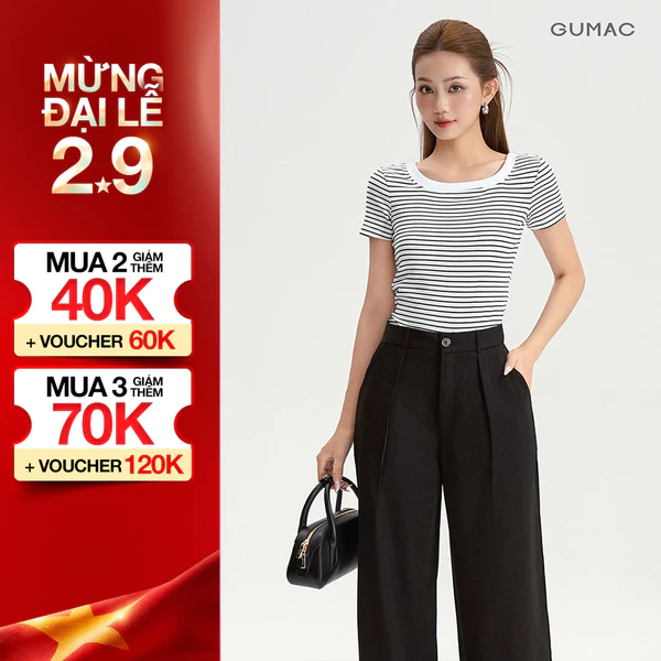 Áo Thun Cổ Vuông Nữ GUMAC Áo Phông Kẻ Sọc Ngang Dáng Ôm Chất Thun Gân Co Giãn LATG0407
