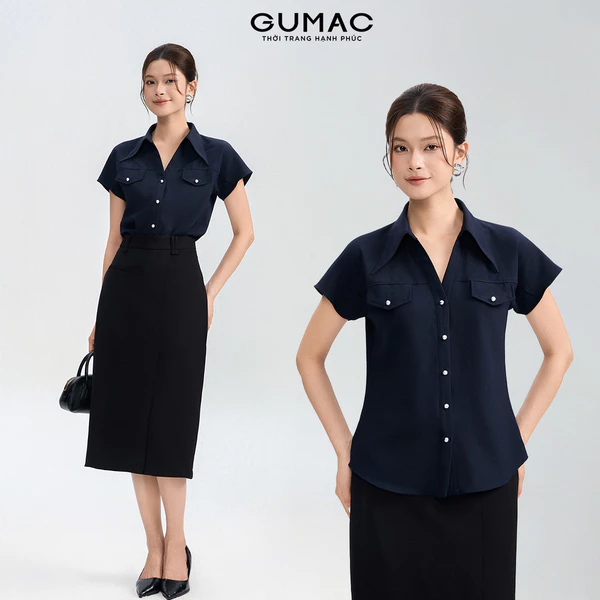 Áo Sơ Mi Nữ Tay Ngắn GUMAC Cổ Xẻ V Túi Nắp Nút Kim Loại Lụa Rũ Cao Cấp AG05013