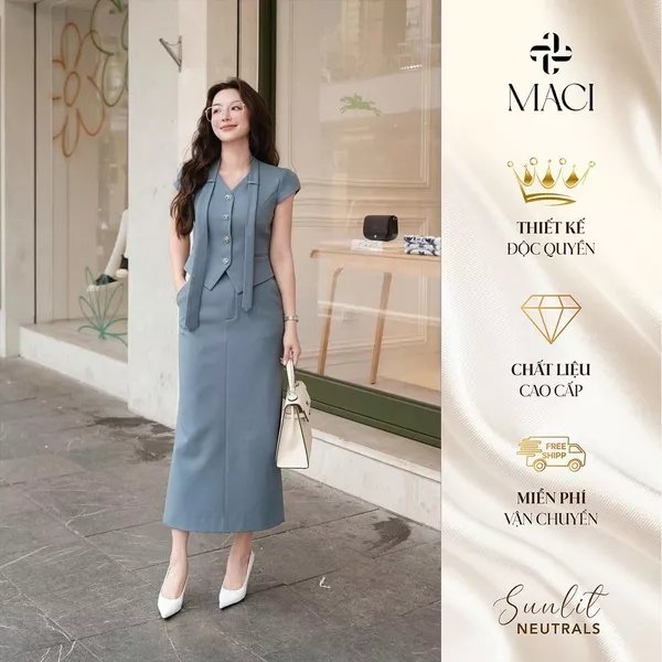 Chân Váy Xẻ Tà Chất Liệu Chéo Hàn Cao Cấp Màu Xanh True Blue MACI MCVCVXD0114 Thời Trang Nữ Thiết Kế Độc Quyền