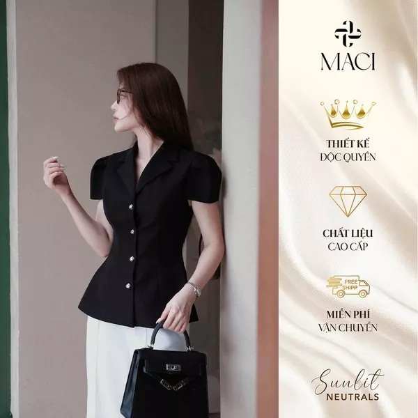 Áo Kí Giả Tay Hến Nhún Li Chất Chéo Hàn MACI MCAABDE0345 Thời Trang Nữ Thiết Kế Độc Quyền