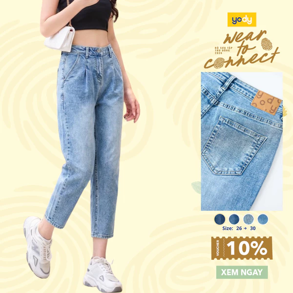 Quần jean nữ YODY cạp liền quần baggy tôn dáng, cotton con giãn thấm hút mồ hôi TRA - WCJE26A002