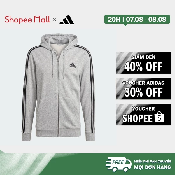 [Duy nhất 8.8 - VOUCHER 30%]adidas Phong cách sống Áo Hoodie Khóa Kéo 3 Sọc Vải Thun Da Cá Essentials Nam Xám GK9034