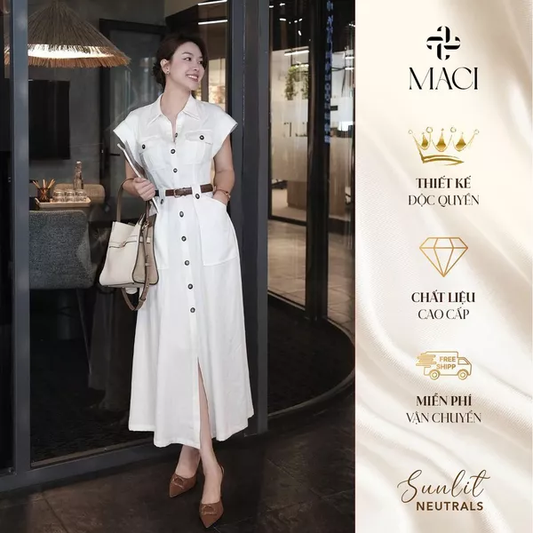 Váy Sơ Mi Linen Tay Lơ Vê Khuy Sừng Kèm Đai Màu Trắng Tiêu MACI MCVVATR0335 Thời Trang Nữ Thiết Kế