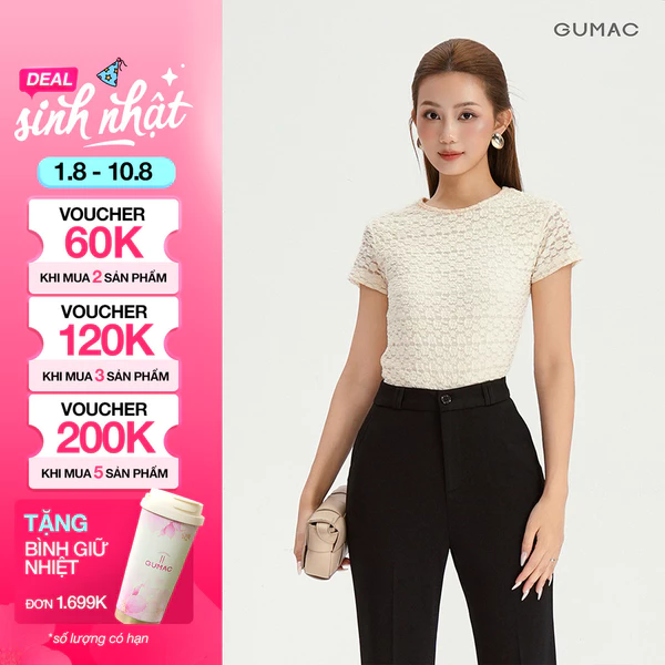 [NHẬP MÃ AFF3A5 GIẢM 60K] Áo Thun Ren Nữ GUMAC Áo Thun Kiểu Tay Ngắn Cổ Tròn Ôm Nhẹ Co Giãn Thanh Lịch LATF0918