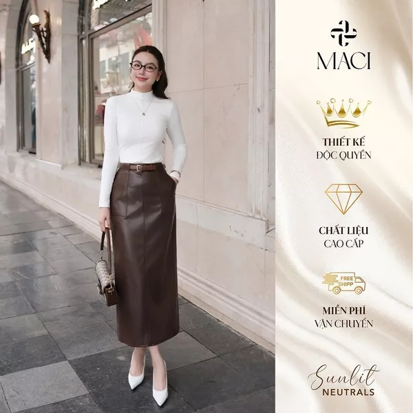Chân Váy Da Nâu Dáng Suông Dài Đỉa Liền Túi MACI MCVCVNA0248 Thời Trang Nữ Thiết Kế Độc Quyền