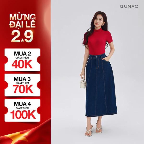 Chân váy jeans GUMAC - Gmorning denim form A midi cách điệu thân trước có túi hàm ếch YVJG04010