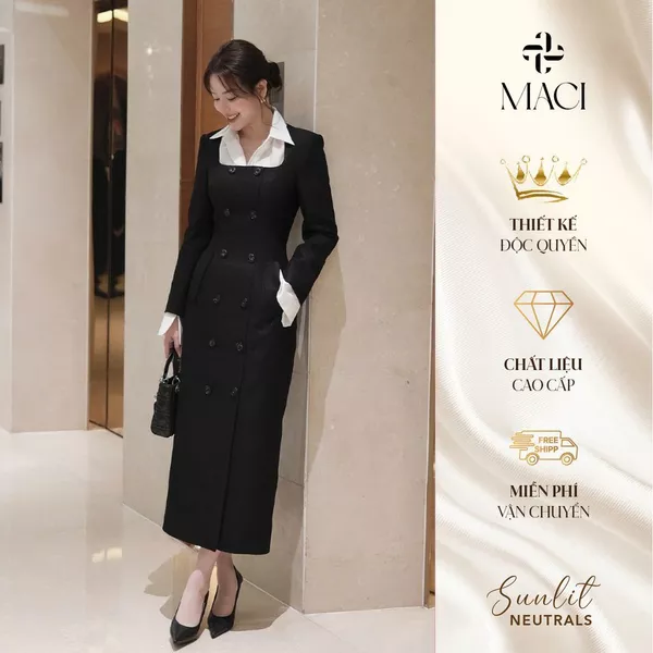 Váy Măng Tô Dáng Bút Chì Đen Chất Chéo Hàn Hai Hàng Khuy Sừng MACI MCVVADE0261 Thời Trang Nữ