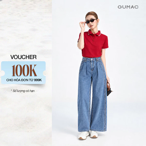 Quần Jeans Nữ GUMAC Form Ống Rộng Túi Dọc Sườn Xếp Ly Đôi Nút Bạc Logo Diễu Chỉ Nâu Vàng QJG08092