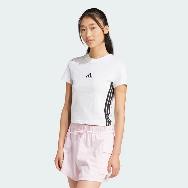 adidas Phong cách sống Áo Baby Tee Dáng Ôm 3 Sọc Essentials Nữ trắng JE1239