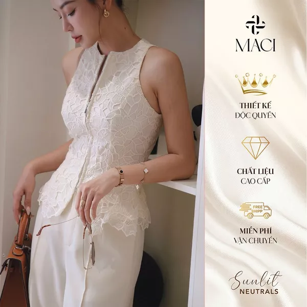 Áo Gile Ren Tơ Gương Màu Kem Thanh Lịch MACI MCAGLEM0386 Thời Trang Nữ Thiết Kế Độc Quyền