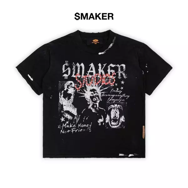 [SMAKER] Áo thun in hình ấn tượng 100% cotton washed màu đen có đính hạt -  SMAKER STUDIOS WASHED TEE IN BLACK