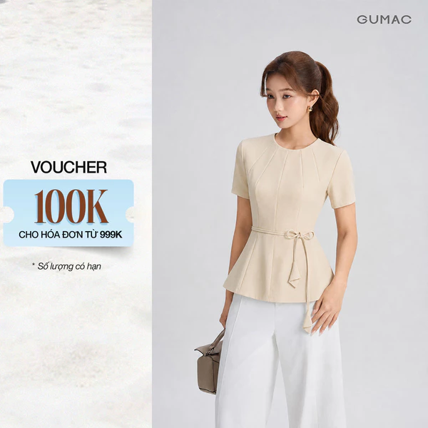 [NHẬP MÃ AFFTHAG GIẢM 99K] Áo Kiểu Nữ GUMAC Form Peplum Cổ Tròn Tay Ngắn Chiết Eo Phối Dây Thắt Eo Nữ Tính LAG06032
