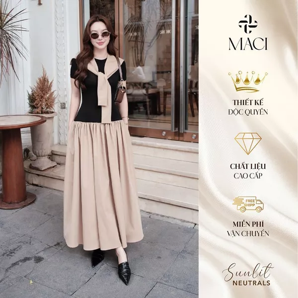 Váy Liền Dáng Xoè Chất Thun Uni Hàn Phối Kaki Lạnh Kèm Khăn Choàng Rời MACI MCVVABE0364 Thời Trang