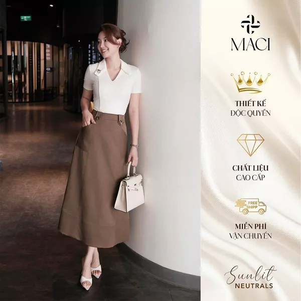 Chân Váy Midi Dáng A Đỉa Trang Trí Khuy Sừng Chất Kaki Hàn Màu Nâu Rêu MACI MCVCVNA0336