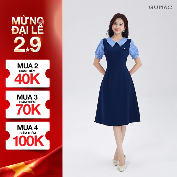 Đầm Chữ A Nữ GUMAC Váy Công Sở Phối Cổ Sọc Thiết Kế Thanh Lịch Chất Tuyết Mưa Có Túi LDF0904