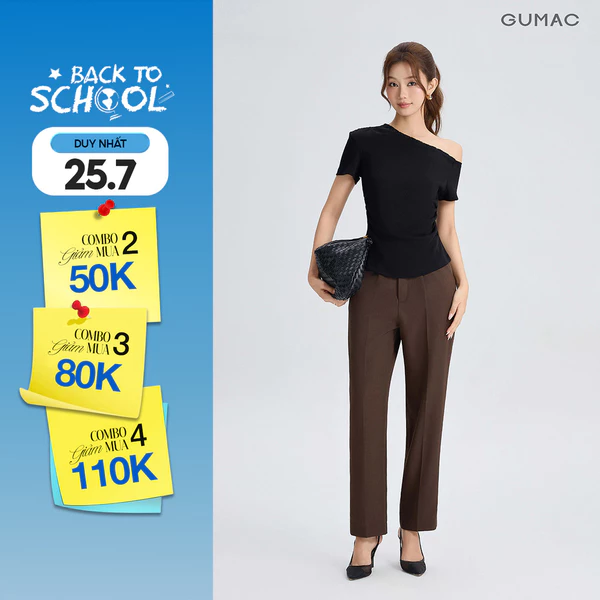 Quần Tây Nữ GUMAC Form Ống Đứng Ly Eo Nút Gỗ Poly Chéo Thanh Lịch QG05026