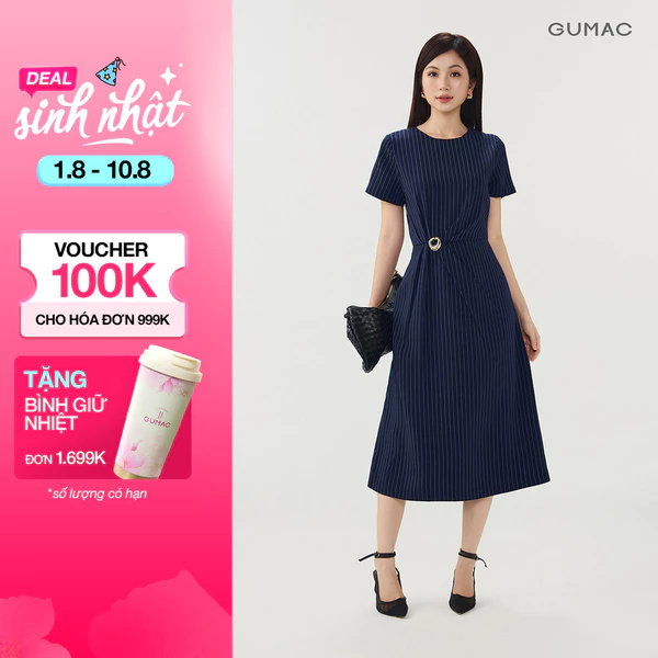 [VOUCHER 25%] Đầm Nữ GUMAC Dáng Xòe Draping Cổ Tròn Tay Ngắn Có Túi Sườn Tiện Lợi Đính Phụ Kiện Thanh Lịch DG07101
