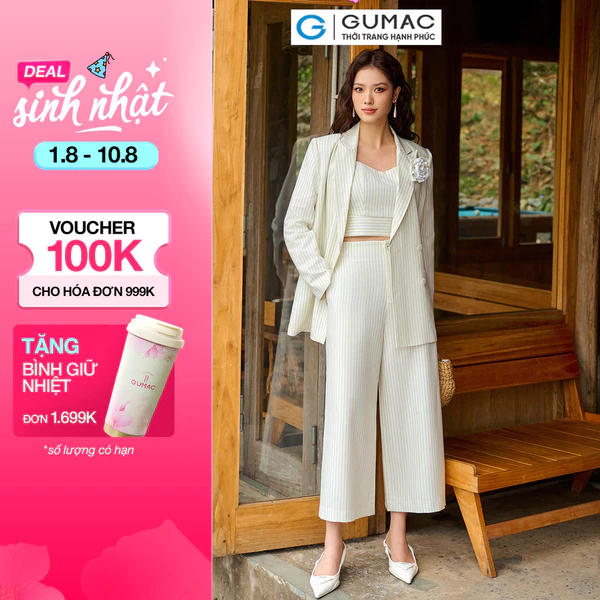 Set lẻ Áo lửng cổ vuông  AE04048 - Áo Blazer nữ GUMAC sọc OWE04056 - Quần culotte lưng liền QE04053
