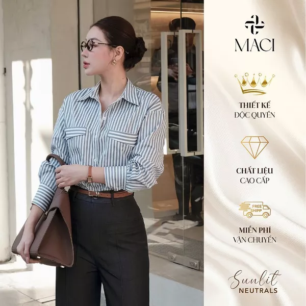 Áo Sơ Mi Kẻ Xanh Denim Chất Thô Hàn MACI MCASMKE0229 Thời Trang Nữ Thiết Kế Độc Quyền