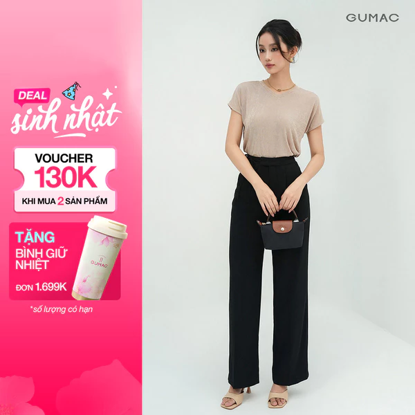 Quần Tây Nữ GUMAC Ống Suông Lưng Cao Cạp Cao Phối Dây Thắt Nơ Có Túi Thanh Lịch LQF1012 - LQG0501 - LQG08091