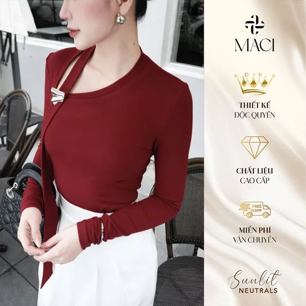 Áo Thun Hàn Màu Đỏ Đô Thiết Kế Vạt Dây Cách Điệu MACI