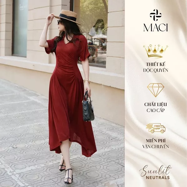 Đầm Dài Cổ Bẻ Nhún Eo Chất Liệu Nhúng Hàn 2 Lớp MACI MCVVADO0115 Thời Trang Nữ Thiết Kế Độc Quyền