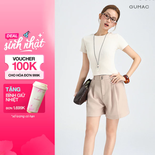 Quần Short Nữ GUMAC Form Suông Lưng Cao Cạp Cao Xếp Ly Nút Đôi Chất Tuyết Mưa Đứng Form Thoải Mái LSHG0408