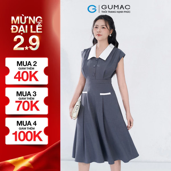 Đầm nữ GUMAC A cổ V phối trắng xếp ly 2 lớp vải bố linen dày dặn thanh lịch  DF05054