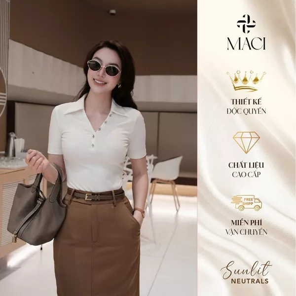 Áo Thun Tăm Polo Khuy Bạc Màu Trắng MACI MCAATTR0275 Thời Trang Nữ Thiết Kế Độc Quyền