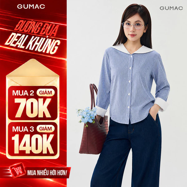 Áo Sơ Mi Nữ GUMAC Form Suông Kẻ Sọc Tay Dài Cổ Thủy Thủ Phối Trắng  Hiện Đại Trẻ Trung LAG07050