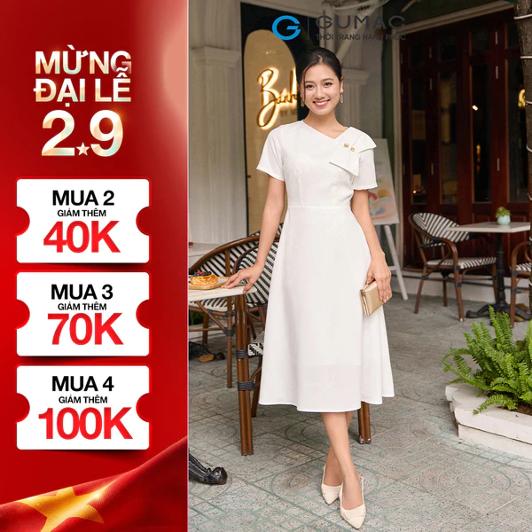 Đầm Nữ Form A GUMAC Cổ Xéo Cách Điệu Đính Nơ 2 Lớp Tuyết Mưa Cao Cấp Tôn Dáng DF08014
