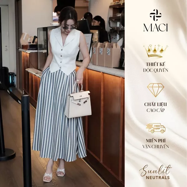 Chân Váy Kẻ Xanh Xếp Li Xoè Chất Thô Cotton Hàn MACI MCVCVKE0377 Thời Trang Nữ Thiết Kế Độc Quyền