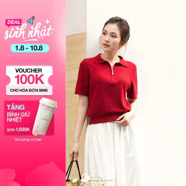 Áo dệt kim GUMAC form suông hơi ôm nhẹ cổ polo có dây kéo AF11032