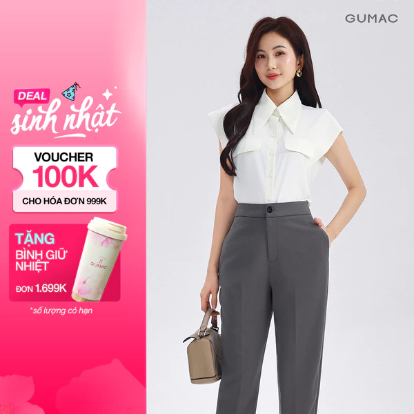 Áo sơ mi nữ GUMAC form suông phối nẹp vai có nắp túi giả  AF10035