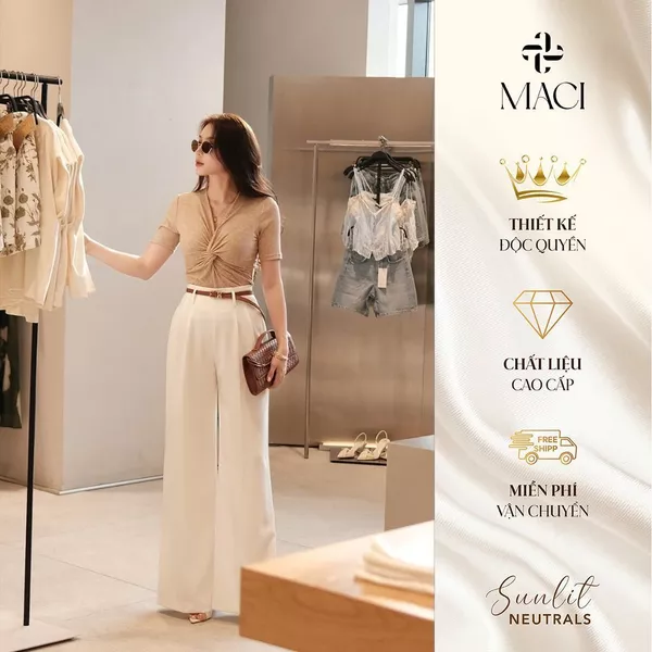 Quần Suông Trắng Chiết Li Cạp Liền MACI MCQQATR0027 Thời Trang Nữ Thiết Kế Độc Quyền
