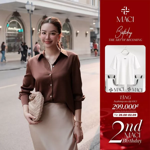 Áo Sơ Mi Lụa Queen Màu Nâu Choco Khuy Khảm Trai MACI MCASMNA0296 Thời Trang Nữ Thiết Kế Độc Quyền