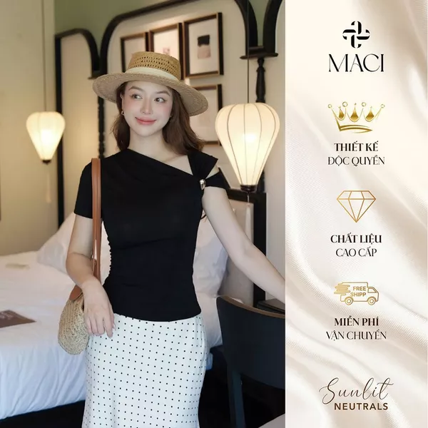 Áo Thun Umi Gai Co Dãn Lệch Vai Khuy Trang Trí MACI MCAATDE0346 Thời Trang Nữ Thiết Kế Độc Quyền