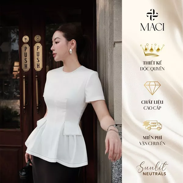 Áo Peplum Linen Trắng Diễu Chỉ Đen MACI MCAAVTR0298 Thời Trang Nữ Thiết Kế Độc Quyền