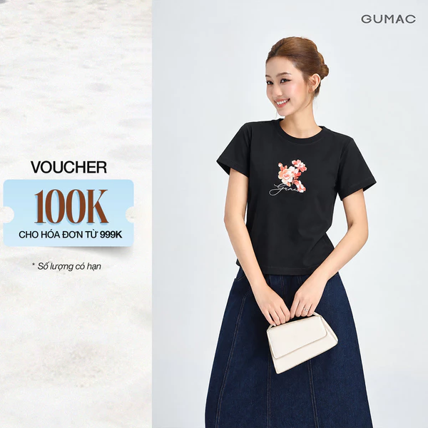Áo Thun Nữ GUMAC Form Ôm Vừa Vặn Cơ Thể Cổ Tròn Tay Ngắn In Art Hoa Logo GUMAC ATG09076