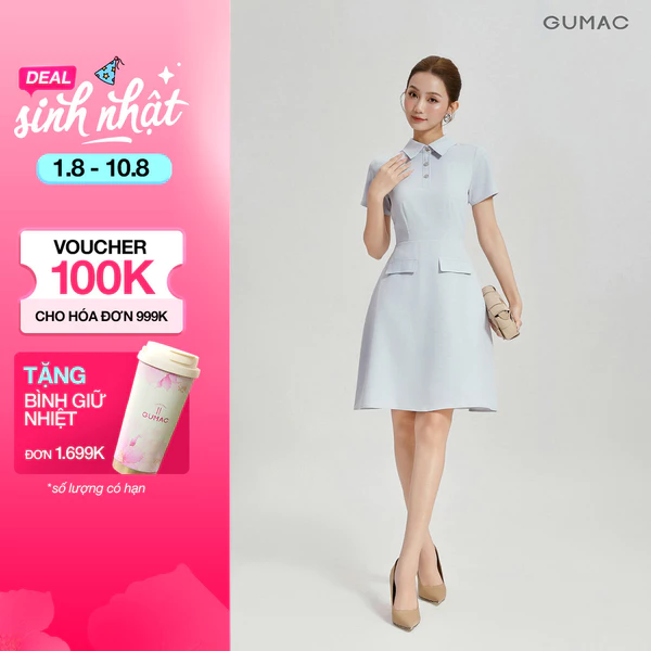 Đầm nữ form A GUMAC tay ngắn cổ sơ mi đính nút kim loại trang trí công sở thanh lịch DG04008