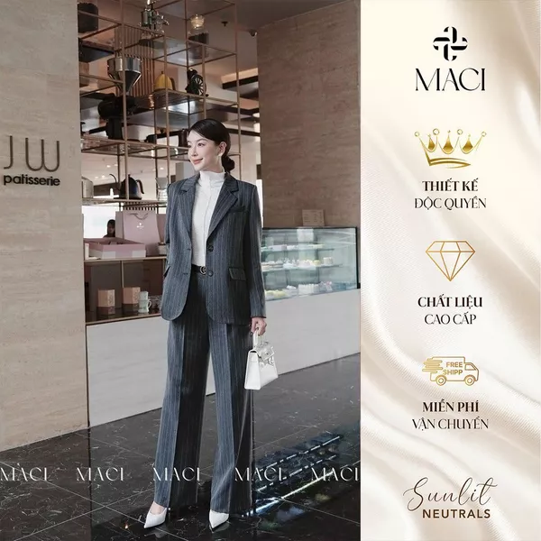 Áo Vest Vingo Dáng Suông Sọc Xương Cá MACI MCAAVXA0002 Thời Trang Nữ Thiết Kế Độc Quyền