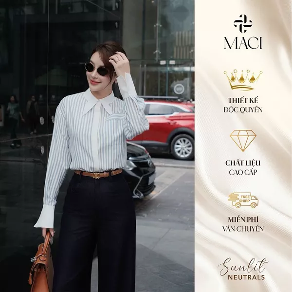 Áo Sơ Mi Kẻ Xanh Nhạt Cổ Nhạn Phối Trắng Thanh Lịch MACI MCASMTR0272 Thời Trang Nữ Thiết Kế Độc Quyền