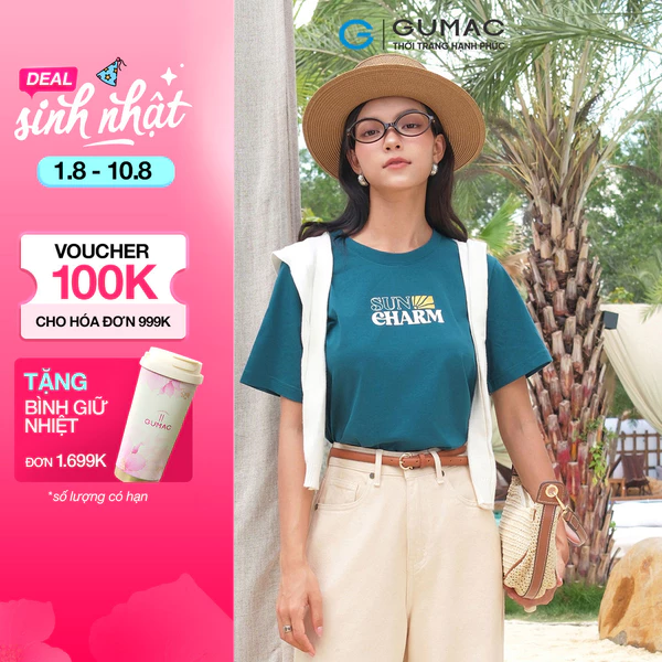 Áo thun nữ GUMAC cổ tròn in art chữ kim tuyến màu cam - xanh thun cotton dày dặn  ATF04017