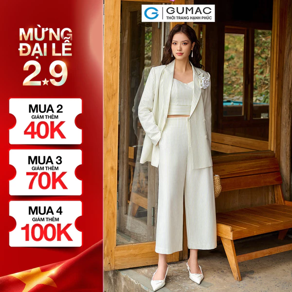 Set lẻ Áo lửng cổ vuông  AE04048 - Áo Blazer nữ GUMAC sọc OWE04056 - Quần culotte lưng liền QE04053