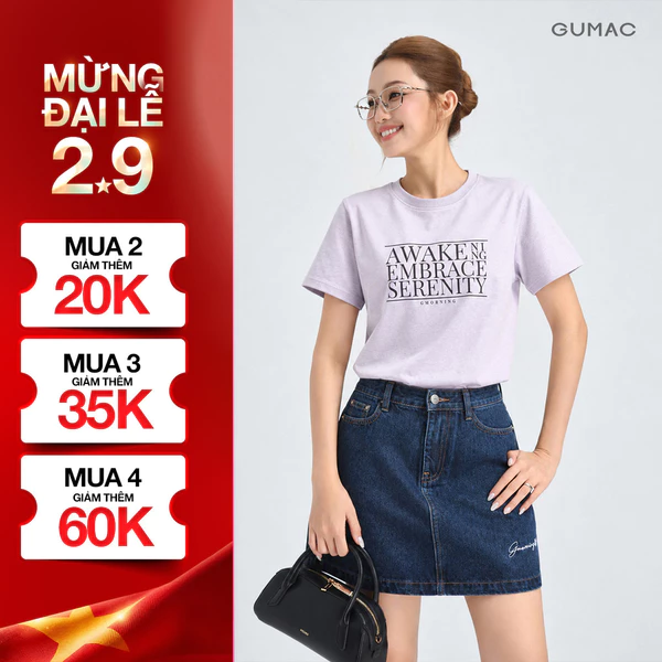 Áo Thun Nữ Gmorning - GUMAC Form Regular Cổ Tròn Tay Ngắn In Chữ Basic Phù Hợp Mặc Hằng Ngày YATG06069