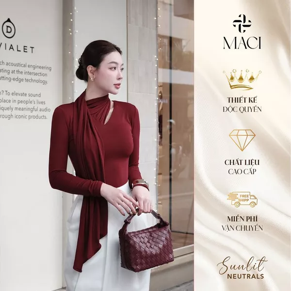 Áo Thun Tằm 2 Lớp Thiết Kế Cổ Drape Màu Đỏ MACI MCAATDO0246 Thời Trang Nữ Thiết Kế Độc Quyền