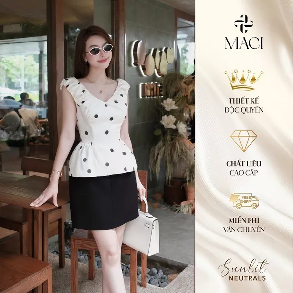 Áo Peplum Chấm Bi Nhún Vai Cách Điệu MACI MCAABTR0361 Thời Trang Nữ Thiết Kế Độc Quyền